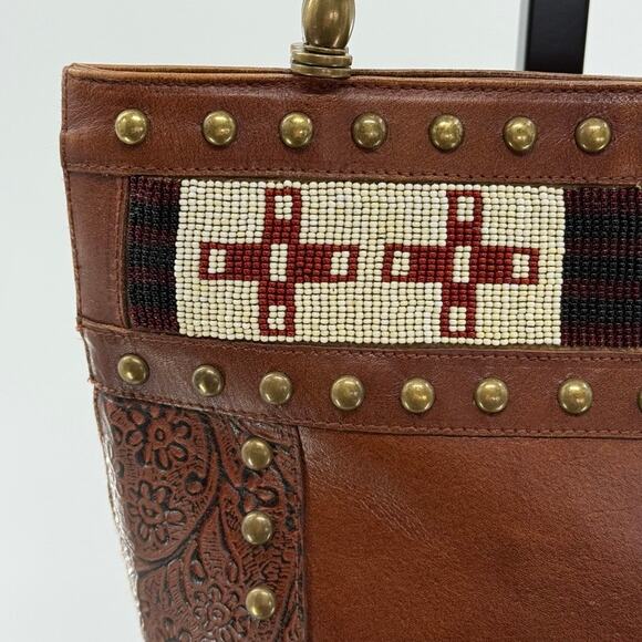 Vtg Scully Brown Tooled Beaded Leather Shoulder Bucket Bag Purse Western Boho - Picture 4 of 11